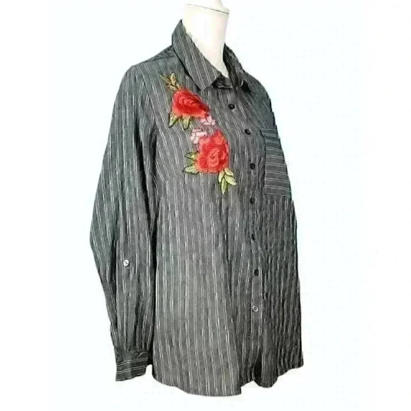 UNIQUE SPECTRUM Womans GRAY Blouse ROSES Applicate Lightweight Long Sleeve 1x 16 - Picture 2 of 8